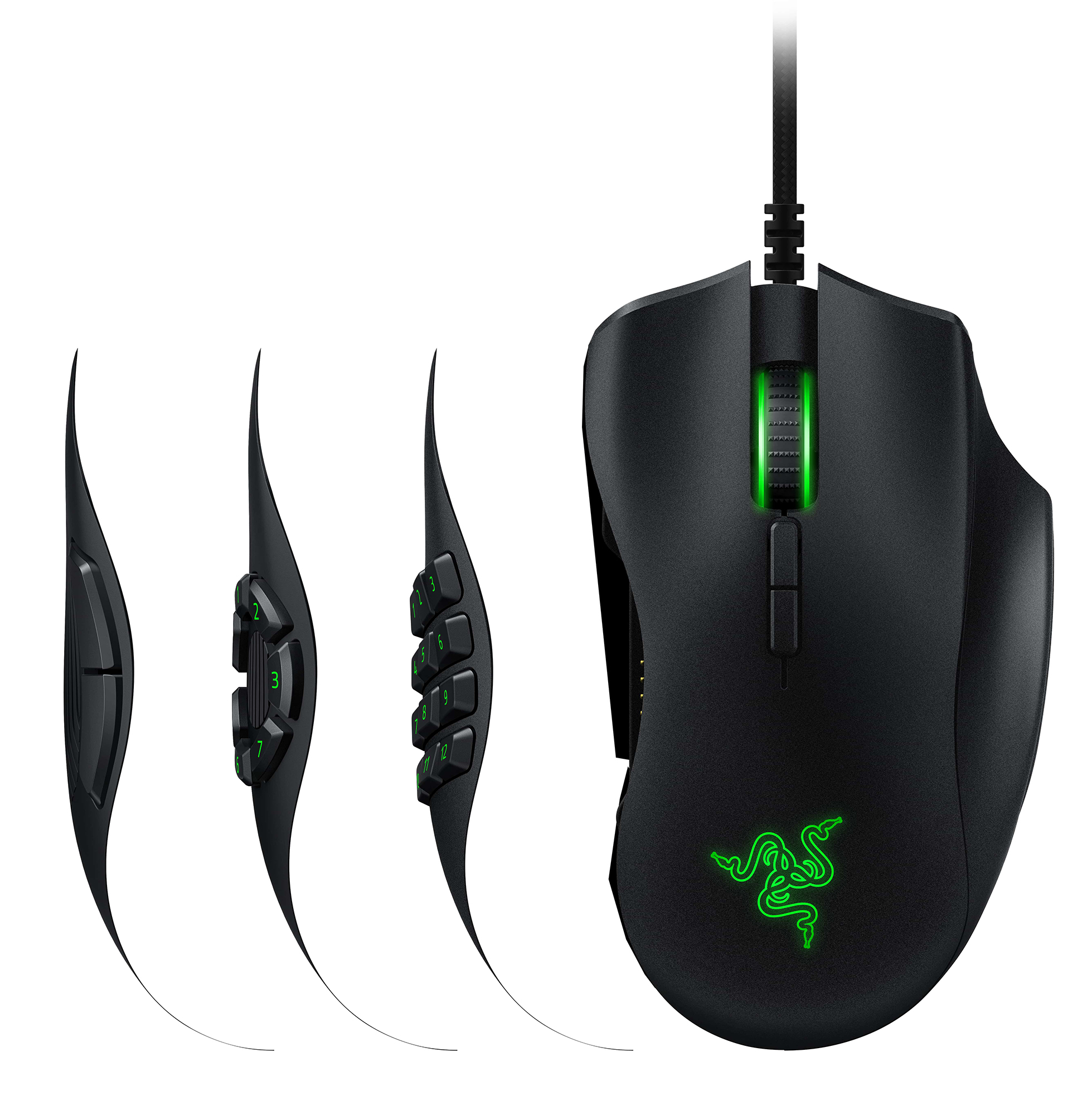 Zwarte Razer gamingmuis met zijknoppen en groen verlicht scrollwiel en logo. Verschillende zijaanzichten getoond.