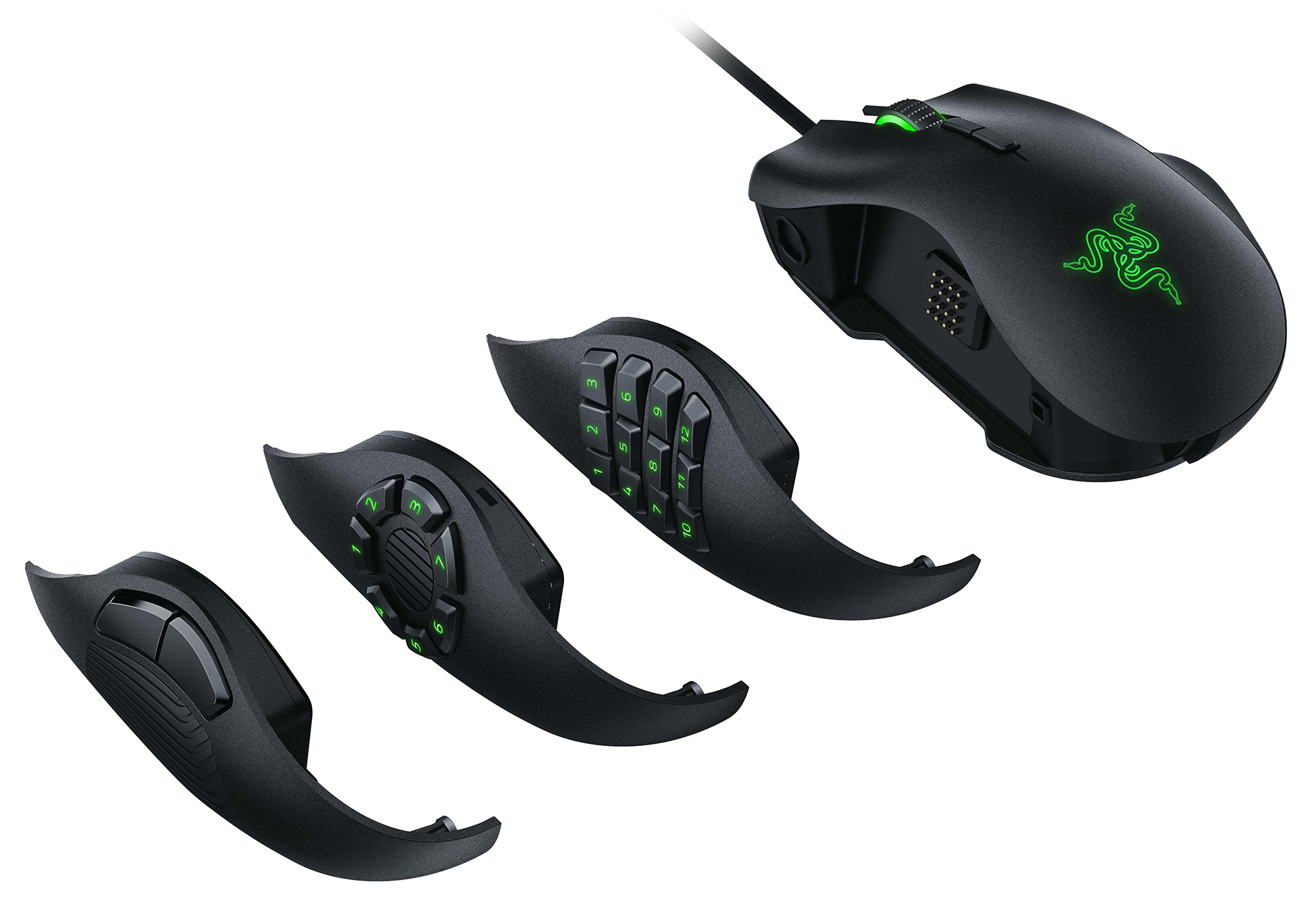Zwarte Razer gamingmuis met verwisselbare zijknoppen. Bevat een hoofdgedeelte en drie zijknopbevestigingen met nummers en knoppen.