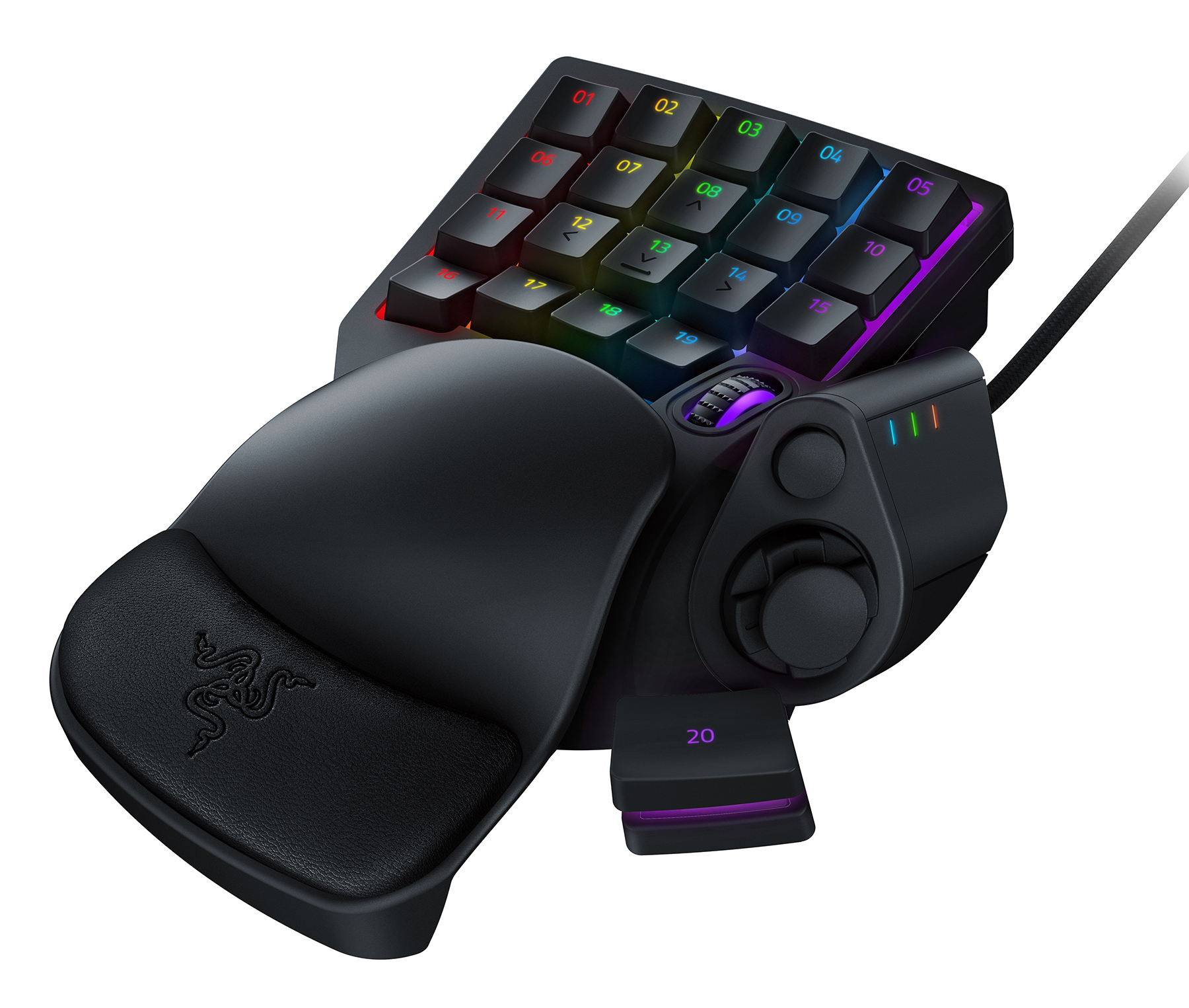 Black gaming keypad with multiple keys, a thumb rest, and a joystick.