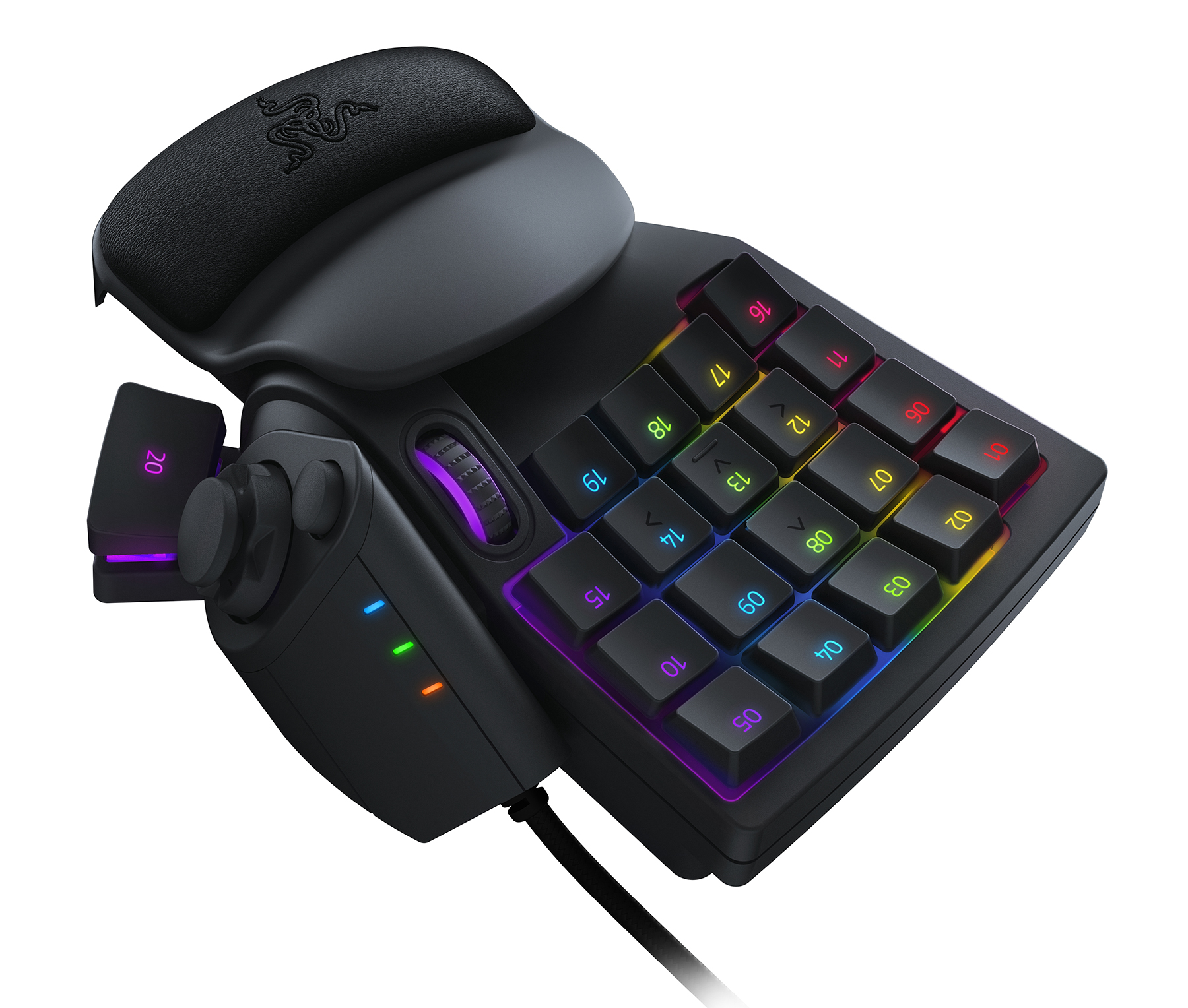 A black gaming keypad with multicolored buttons and a wrist rest.