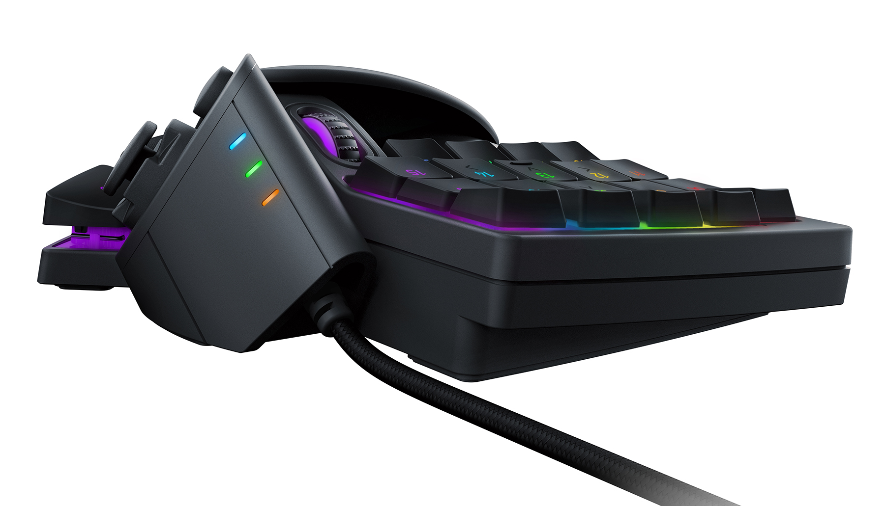 Black gaming keyboard with colored keys and a side control panel. White background.