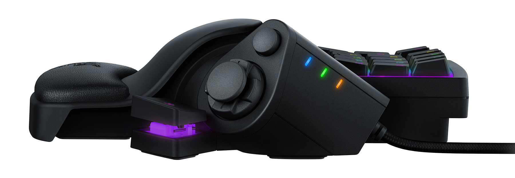 A gaming keypad with buttons, a joystick, and an indicator light.