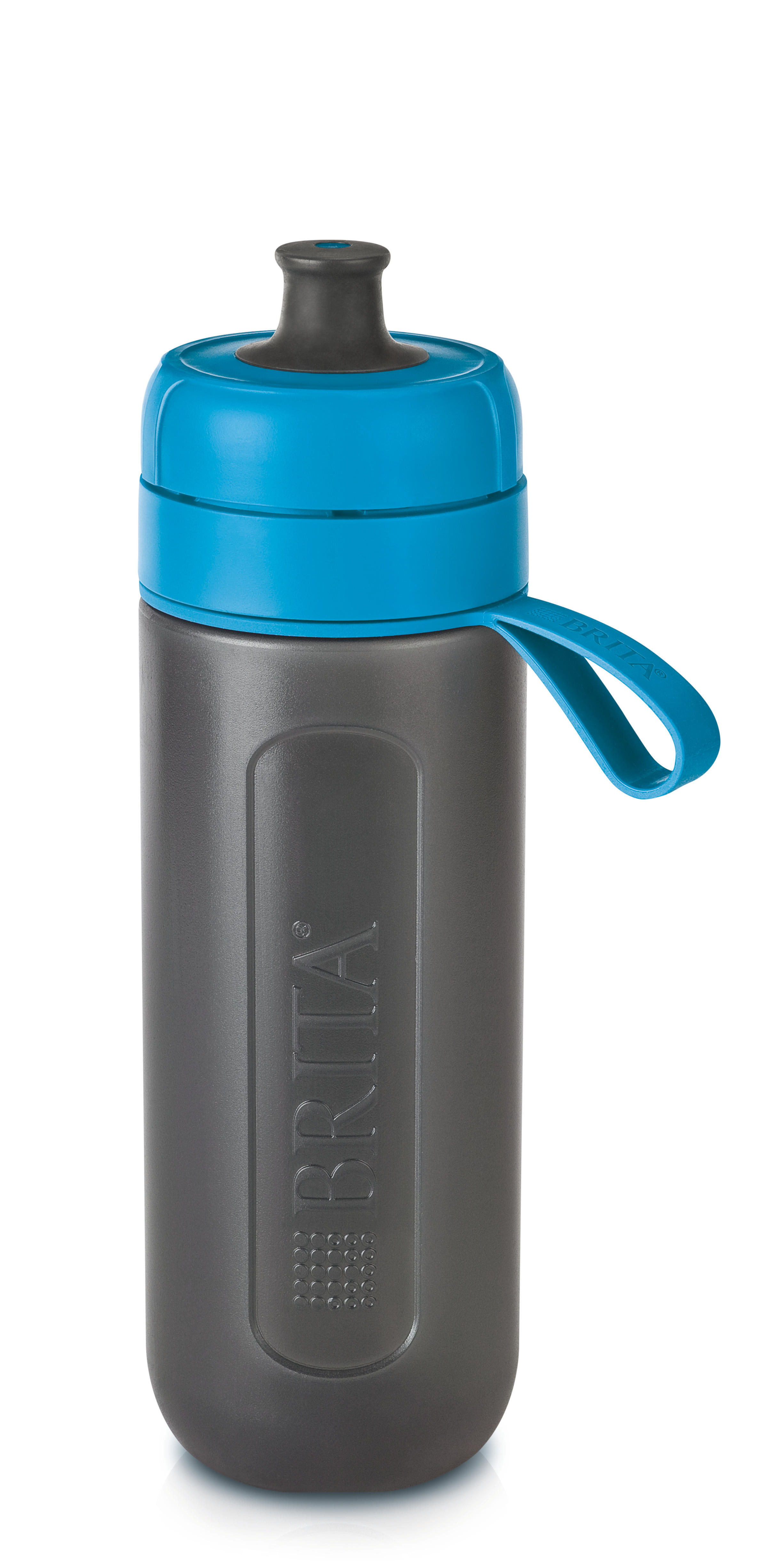 Gray and blue Brita water bottle with a blue cap and loop. The word Brita is printed on it.