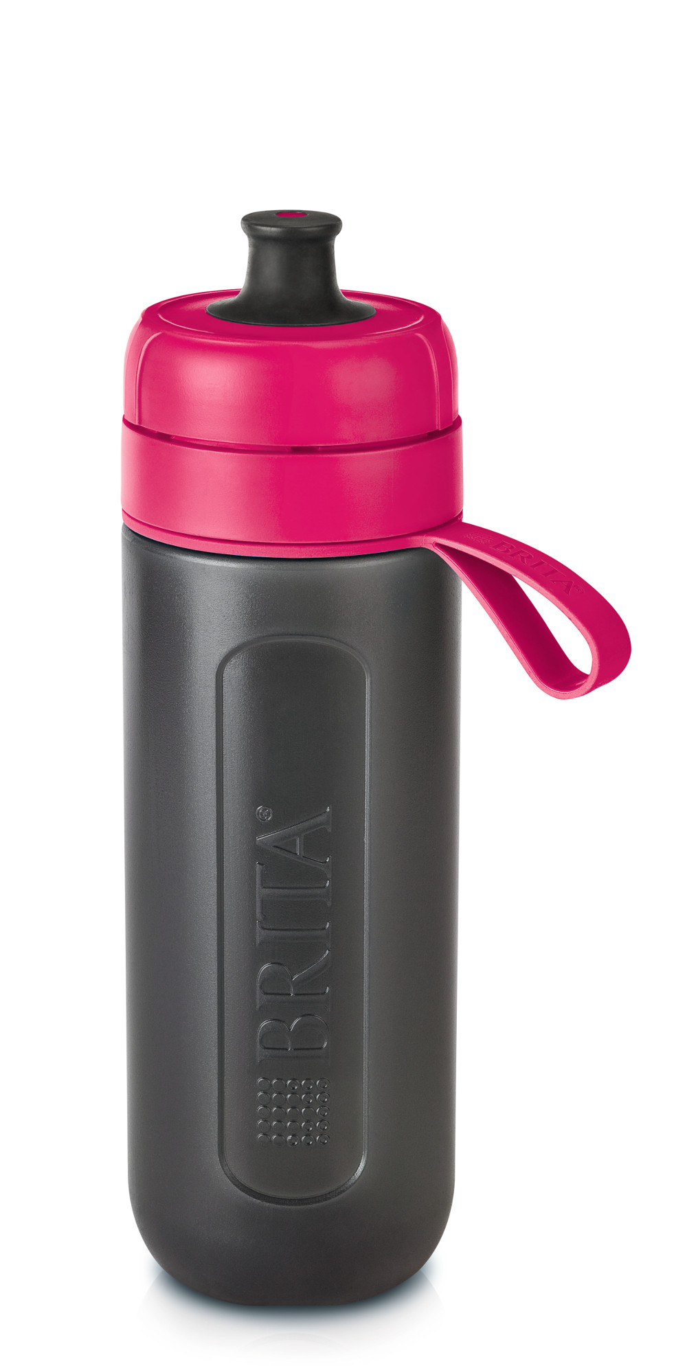 Black and pink Brita water bottle. Red cap with carrying loop. White background.