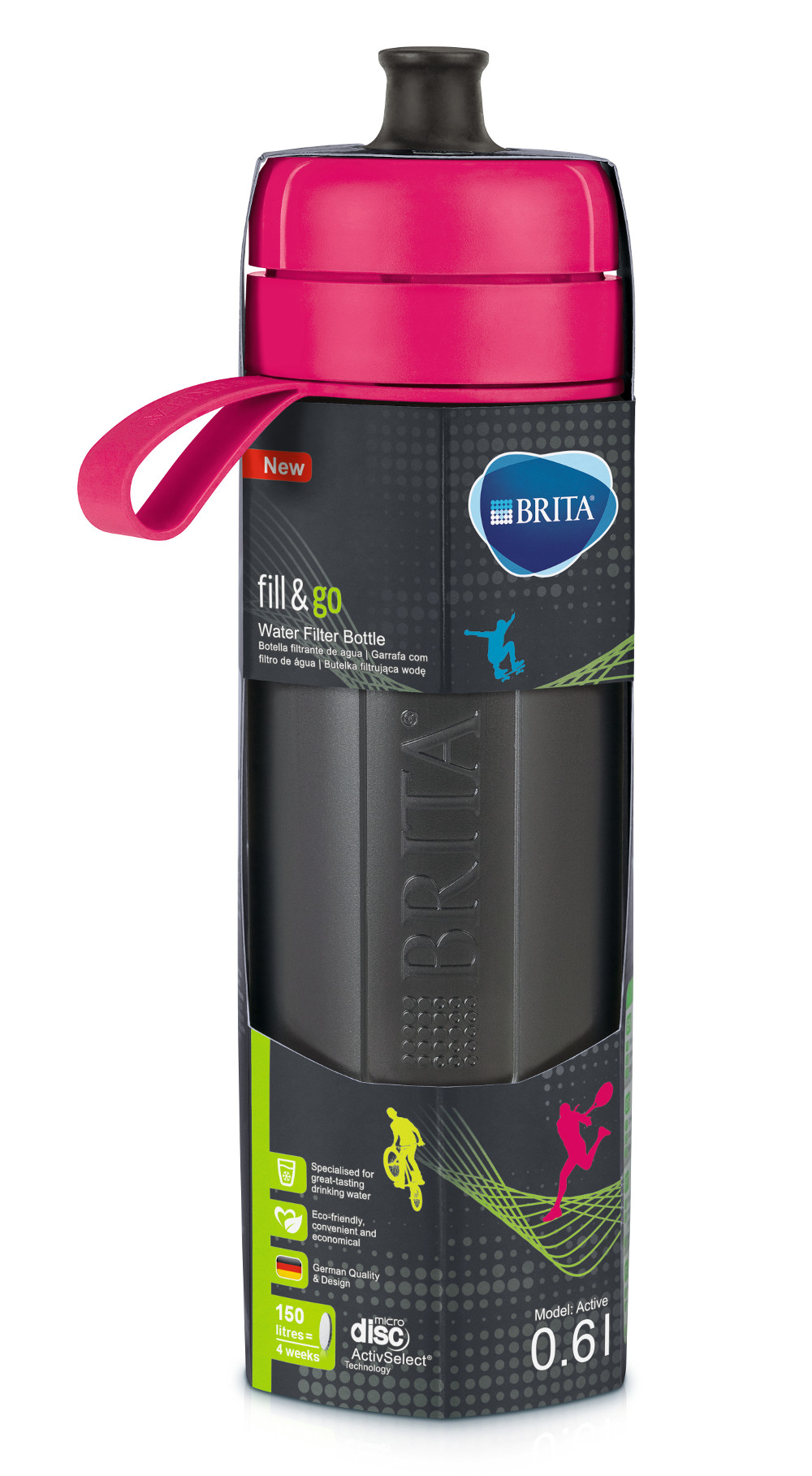 Black and red water filter bottle. Pink lid, black body with text and graphics.