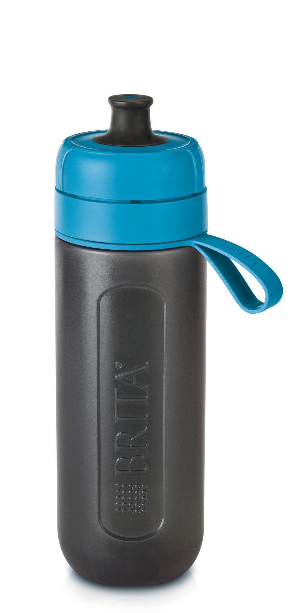 Black and gray water bottle with a blue cap and a blue loop on a white background.