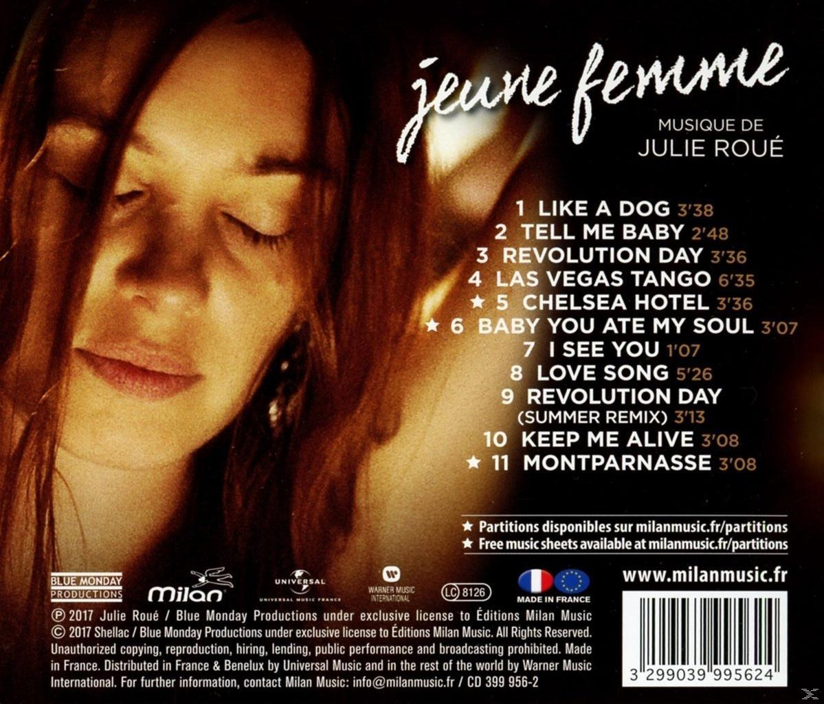 CD-hoes van een vrouw met zachte focus. Tekst: "jeune femme" en tracklijst. Logo's en copyrightinformatie onderaan.