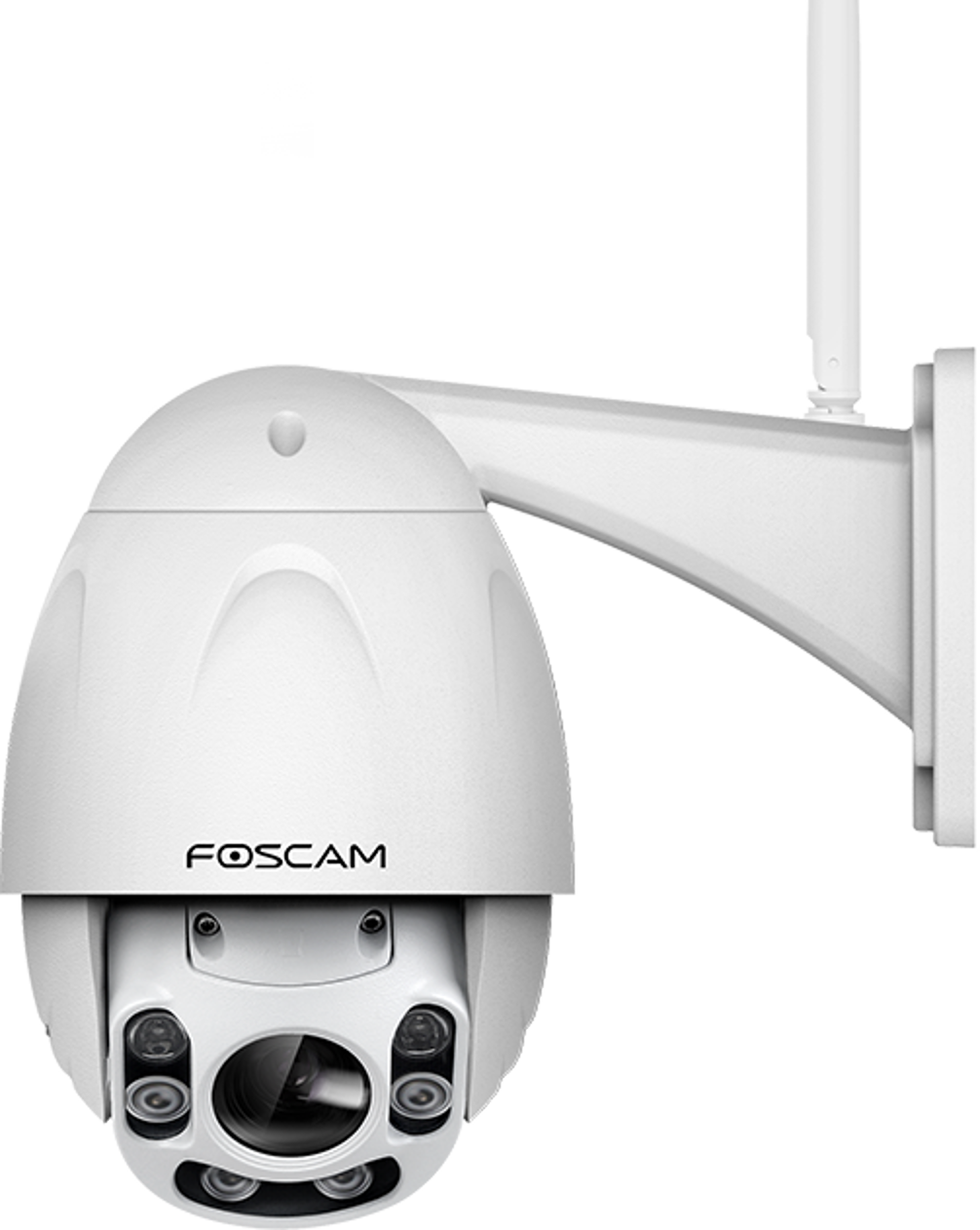 Caméra de sécurité extérieure blanche, marque Foscam. En forme de dôme avec antenne blanche sur support mural blanc.