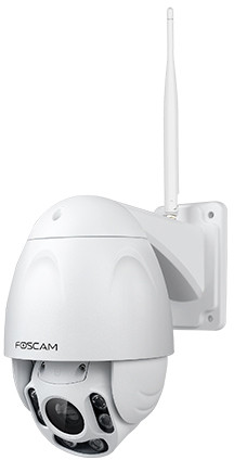 Caméra de sécurité extérieure blanche avec antenne, fixée au mur. Forme de dôme.