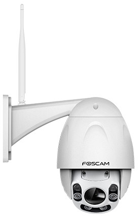 Une caméra de sécurité blanche avec une antenne montée sur un mur, avec la marque Foscam.