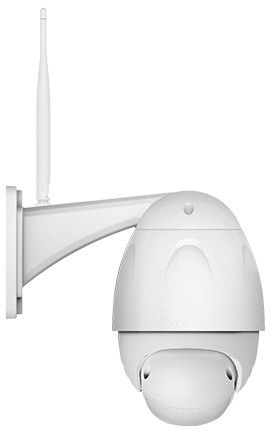 Caméra de sécurité blanche avec antenne, montée sur un mur. Tête de caméra en forme d'œuf.