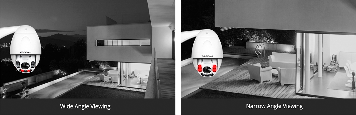 Deux images montrant des caméras de sécurité. Vues grand angle et angle étroit.