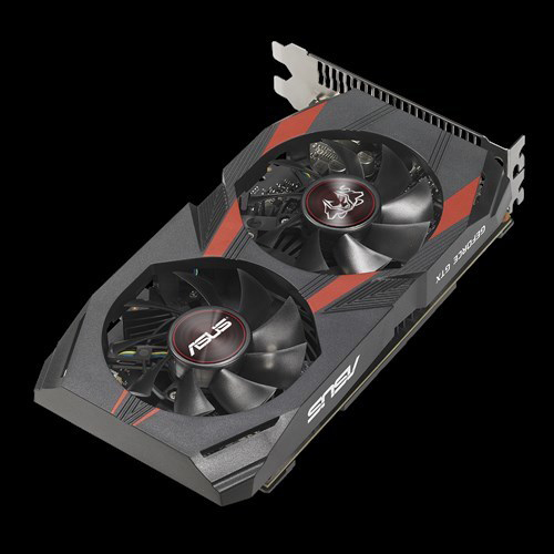 Schwarze und rote Asus-Grafikkarte mit zwei Lüftern.