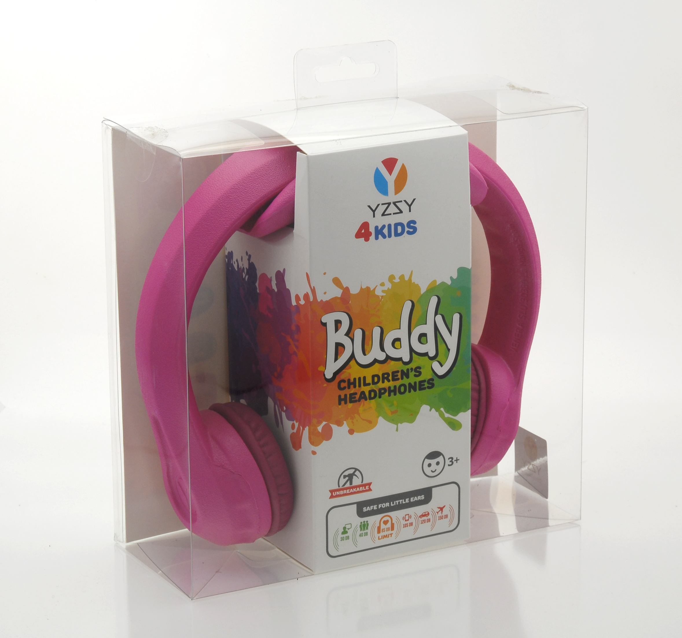 Rosa YZSY 4 KIDS Kopfhörer in einer durchsichtigen Plastikbox. Die Box hat ein weißes Etikett mit Text.