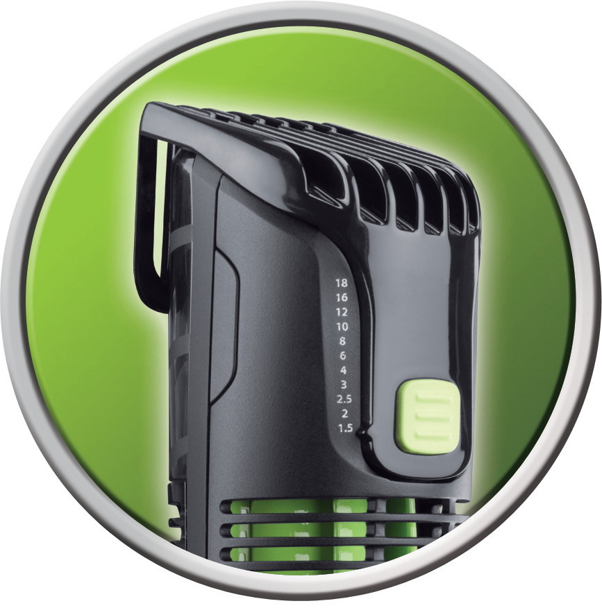 Nahaufnahme eines schwarzen Haartrimmers mit grünen Akzenten, in einem grünen Kreis.