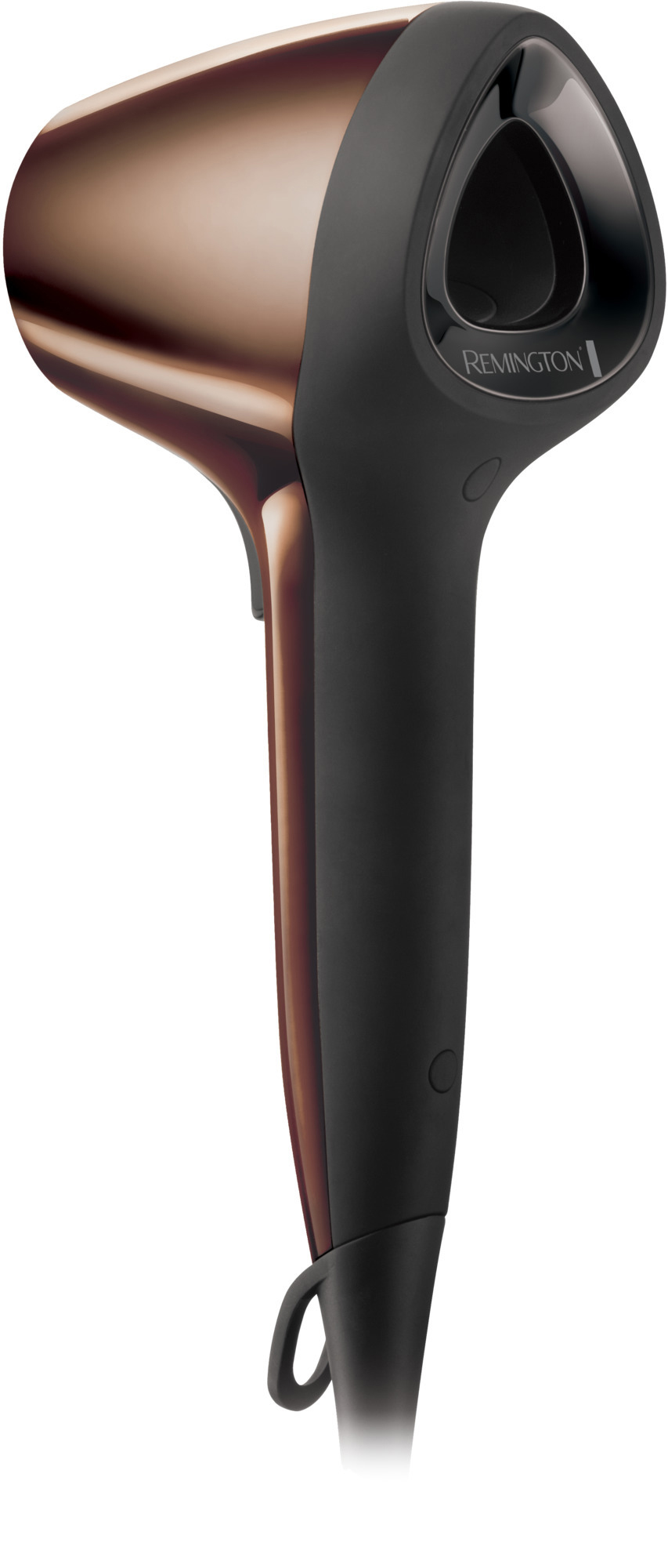 Rosé goud en zwarte Remington krultang. Het heeft een handvat en een krulspiraal.