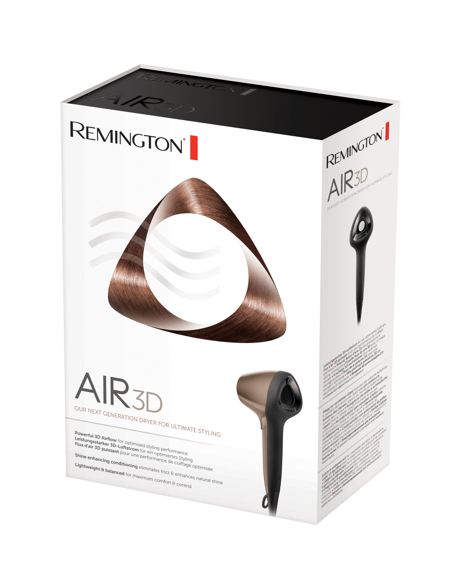 Doos van Remington Air 3D haardroger met productdetails en een afbeelding.
