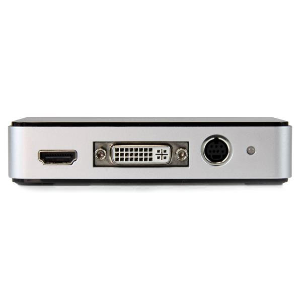 Silbernes Gerät mit HDMI-, DVI- und S-Video-Anschlüssen auf weißem Hintergrund.