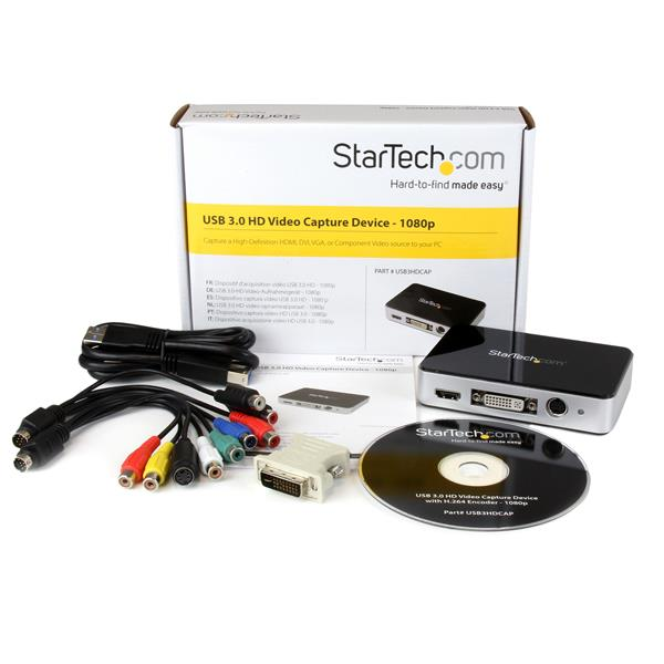 Ein StarTech USB 3.0 HD Video-Aufnahmegerät mit Kabeln, einer CD und einer Box.