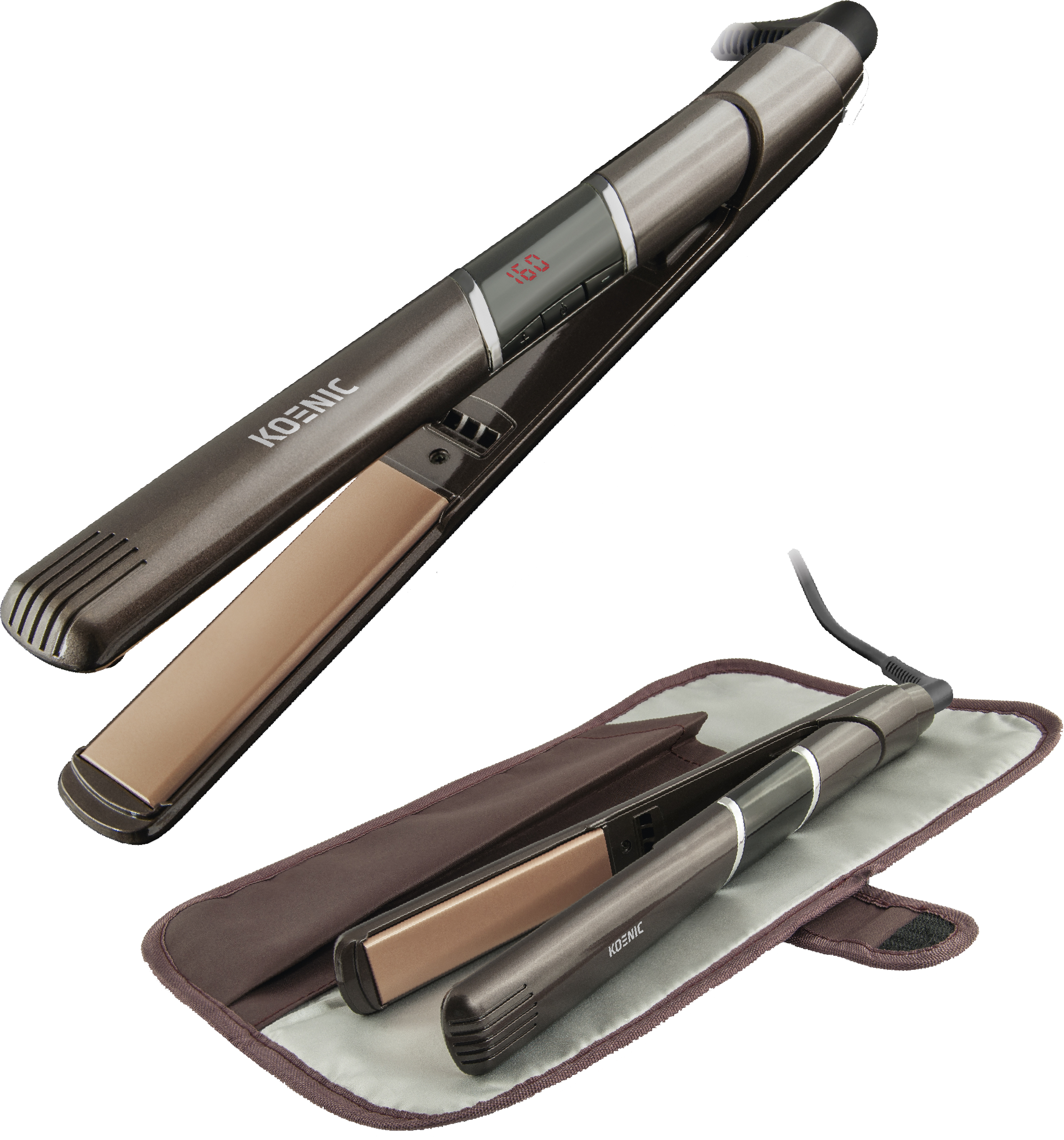 Two hair straighteners and a carrying case. Brown color, white background.