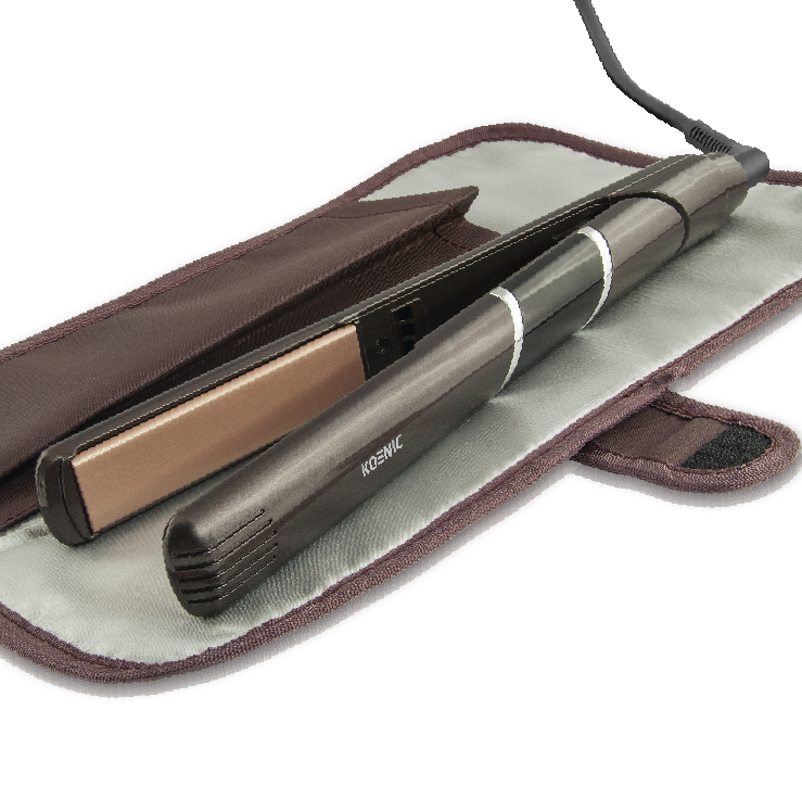 A flat iron and a styling brush are in a brown case. The brand KOENIC is visible. White background.