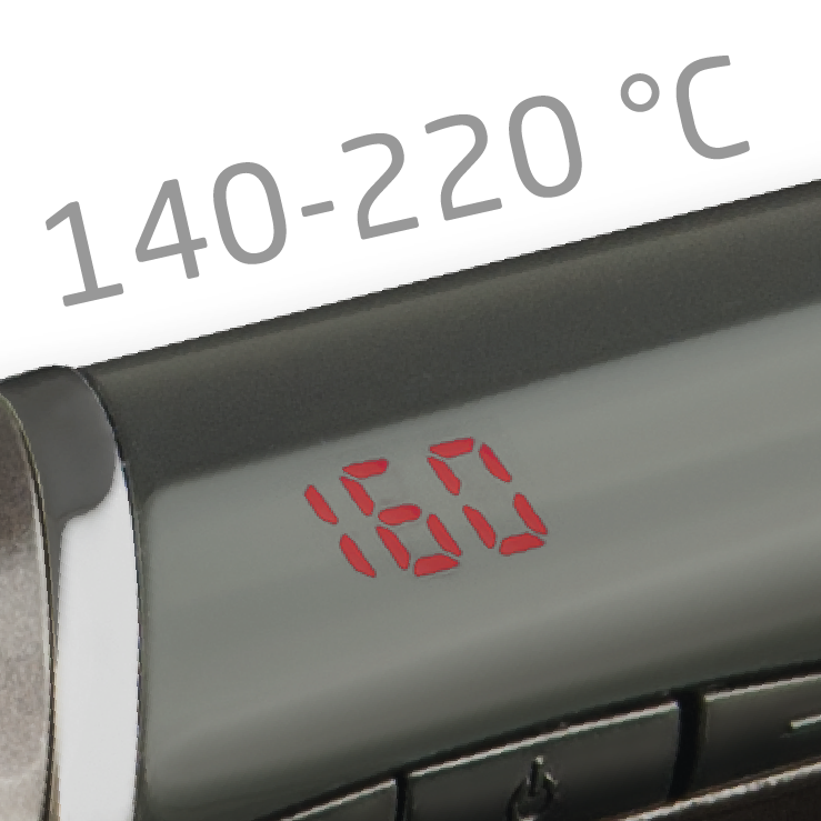 Digital display showing 160 degrees Celsius. Text above: 140-220 °C.