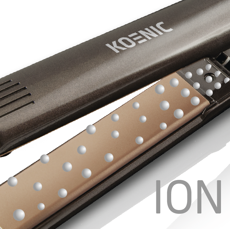 Hair straightener with a metallic gray handle and a golden-colored plate with white dots.