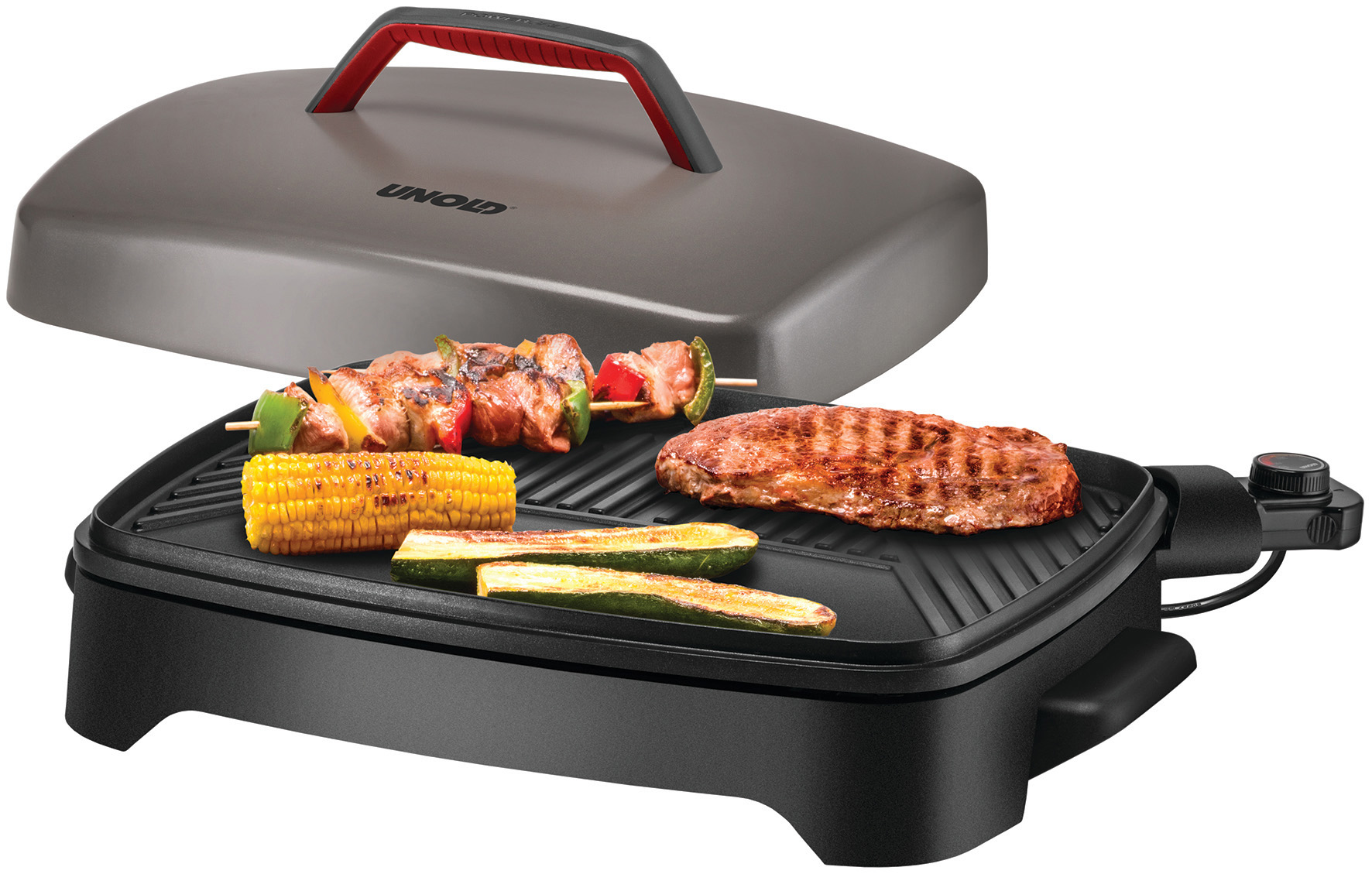 Ein schwarzer Elektrogrill mit darauf zubereiteten Speisen. Auf dem Grill befindet sich ein brauner Deckel.