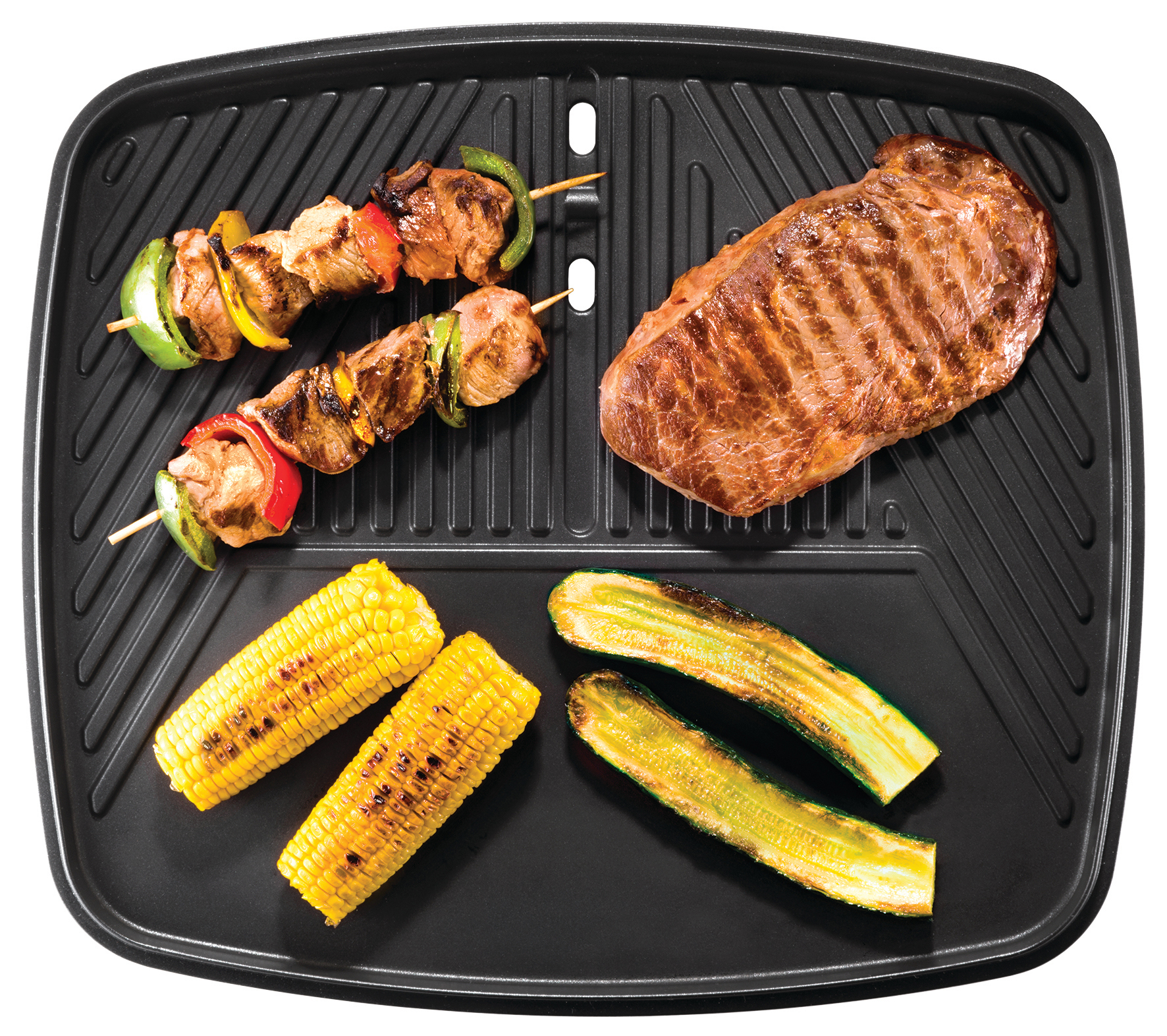 Ein schwarzer Grill mit gegrillten Spießen, Steak, Mais und Zucchini.
