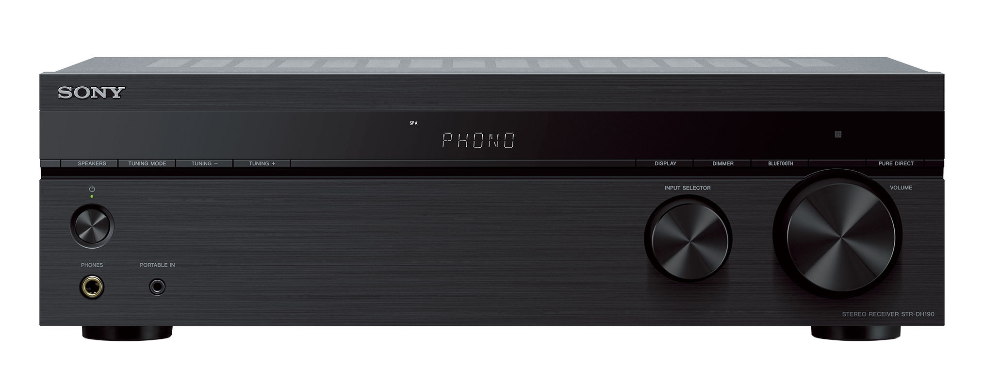 Black Sony stereo receiver with buttons, knobs, and a display showing "PHONO".