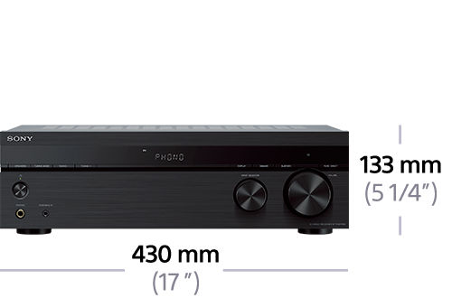 Black Sony receiver with buttons and a dial. Measurements in mm and inches.
