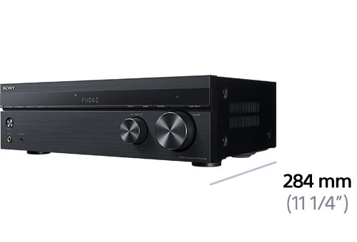 Black Sony receiver. Has two dials, a phono input, and the dimensions 284 mm (11 1/4") are shown.