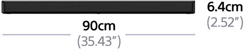 Schwarze Soundbar mit Abmessungen. Der Text zeigt eine Länge von 90 cm (35,43") und eine Höhe von 6,4 cm (2,52").