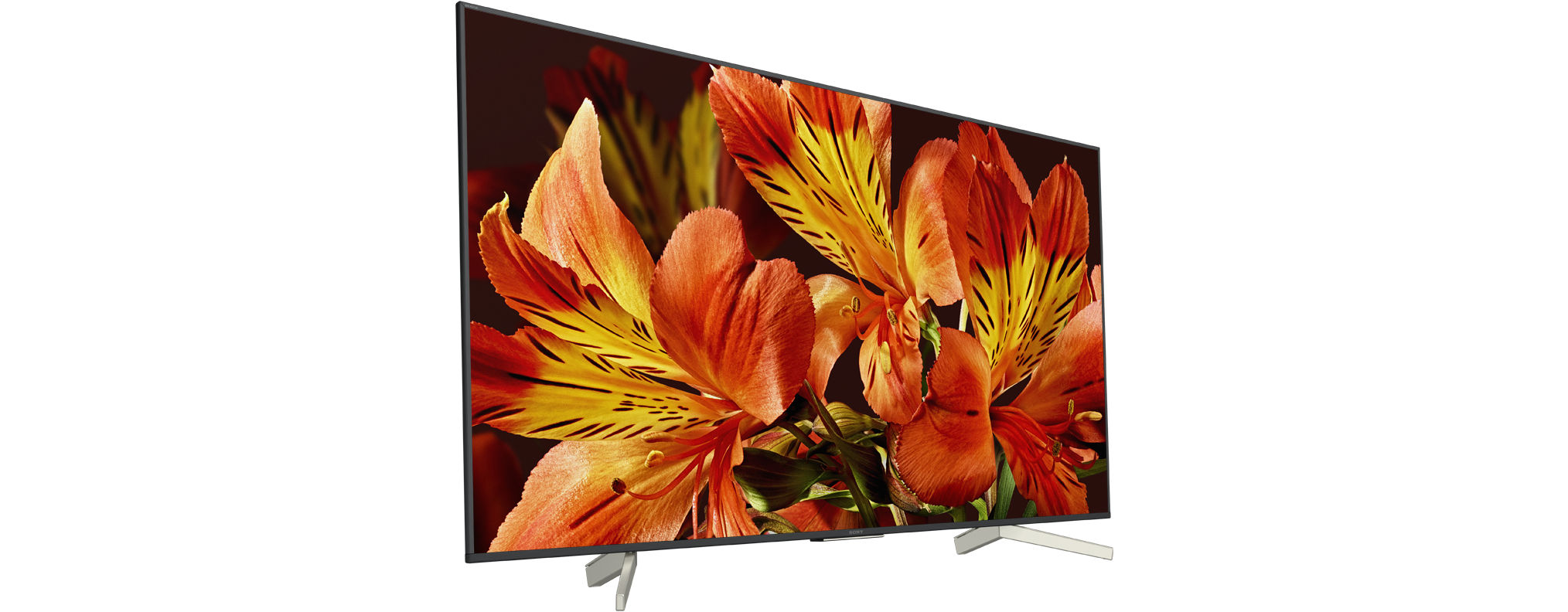 Ein moderner Fernsehbildschirm zeigt eine Nahaufnahme von orangefarbenen Blumen vor weißem Hintergrund.
