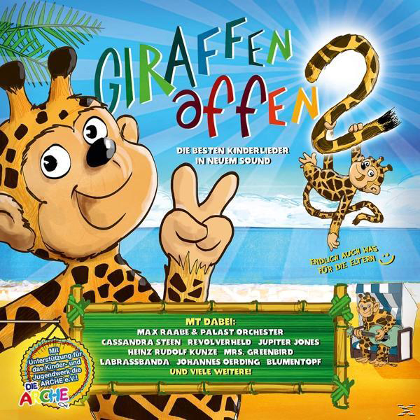 Cover-Art für eine Kinder-Musik-CD. Eine Giraffe mit Peace-Zeichen und eine Cartoon-Giraffe.