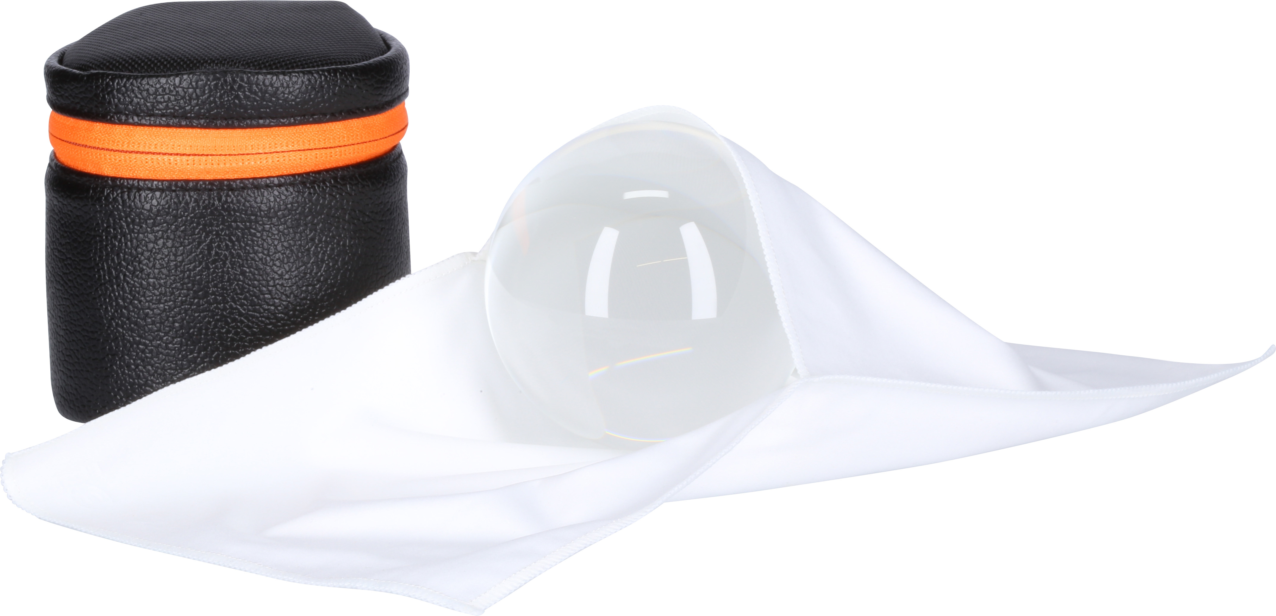 Sphère en verre transparent dans tissu blanc, étui noir avec fermeture éclair orange.