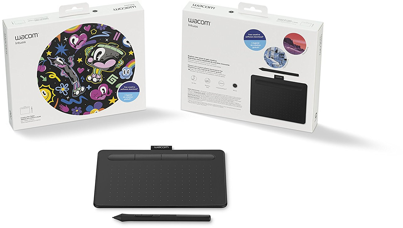 Wacom Intuos graphics tablet with two boxes showing artwork and a stylus, all on a white background.