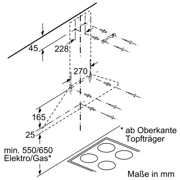 Diagramm einer Dunstabzugshauben-Installation mit Maßen und Anweisungen auf Deutsch.