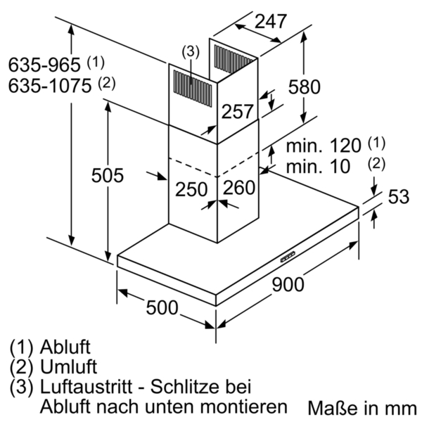 Technische Zeichnung einer Dunstabzugshaube. Zeigt Abmessungen und Details für die Installation.