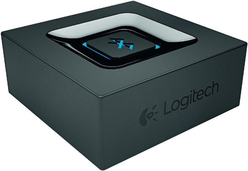 Altavoz Bluetooth Logitech negro con luz azul, forma cuadrada.