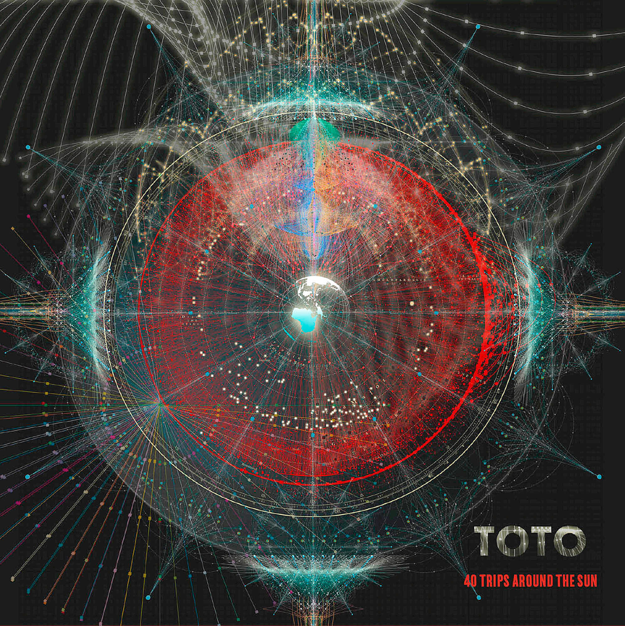 Abstrakte Kunst mit rotem Kreis und komplexen Linien auf dunklem Hintergrund, mit dem Wort TOTO.