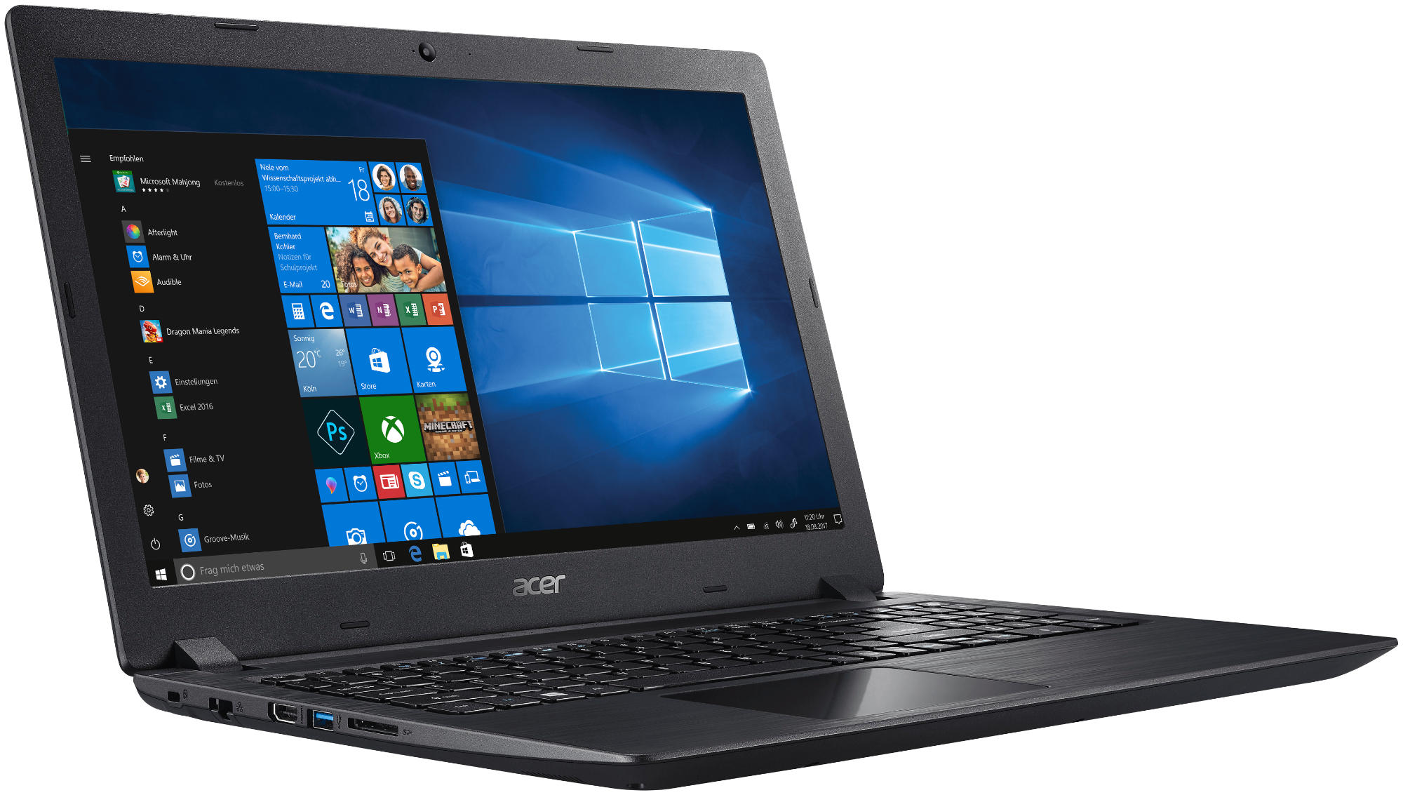Schwarzer Acer-Laptop, geöffnet, zeigt die Windows 10-Oberfläche. Weißer Hintergrund.