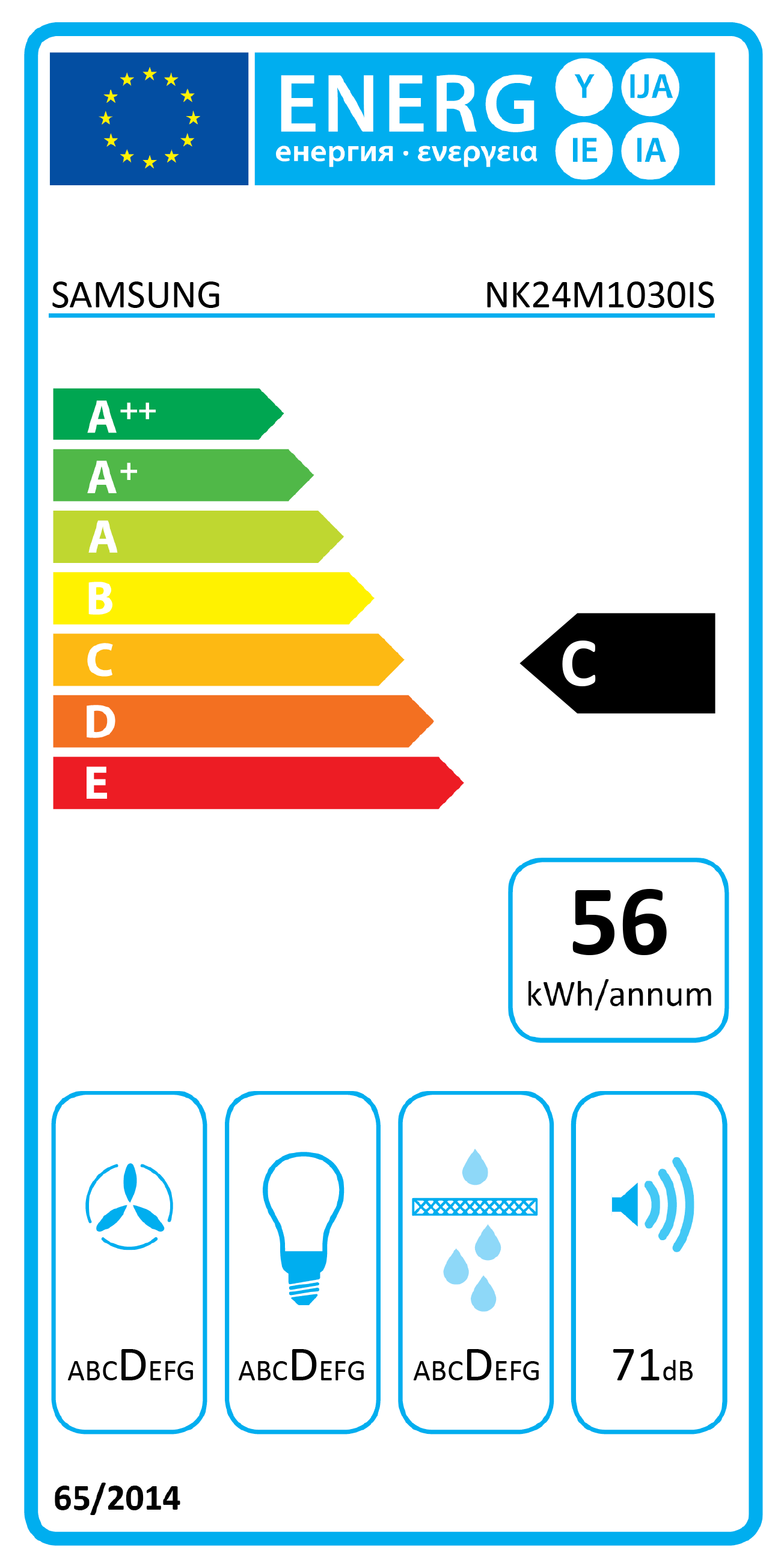 Energiahatékonysági címke. Fehér háttér. Értékeléseket és energiafogyasztást mutat.