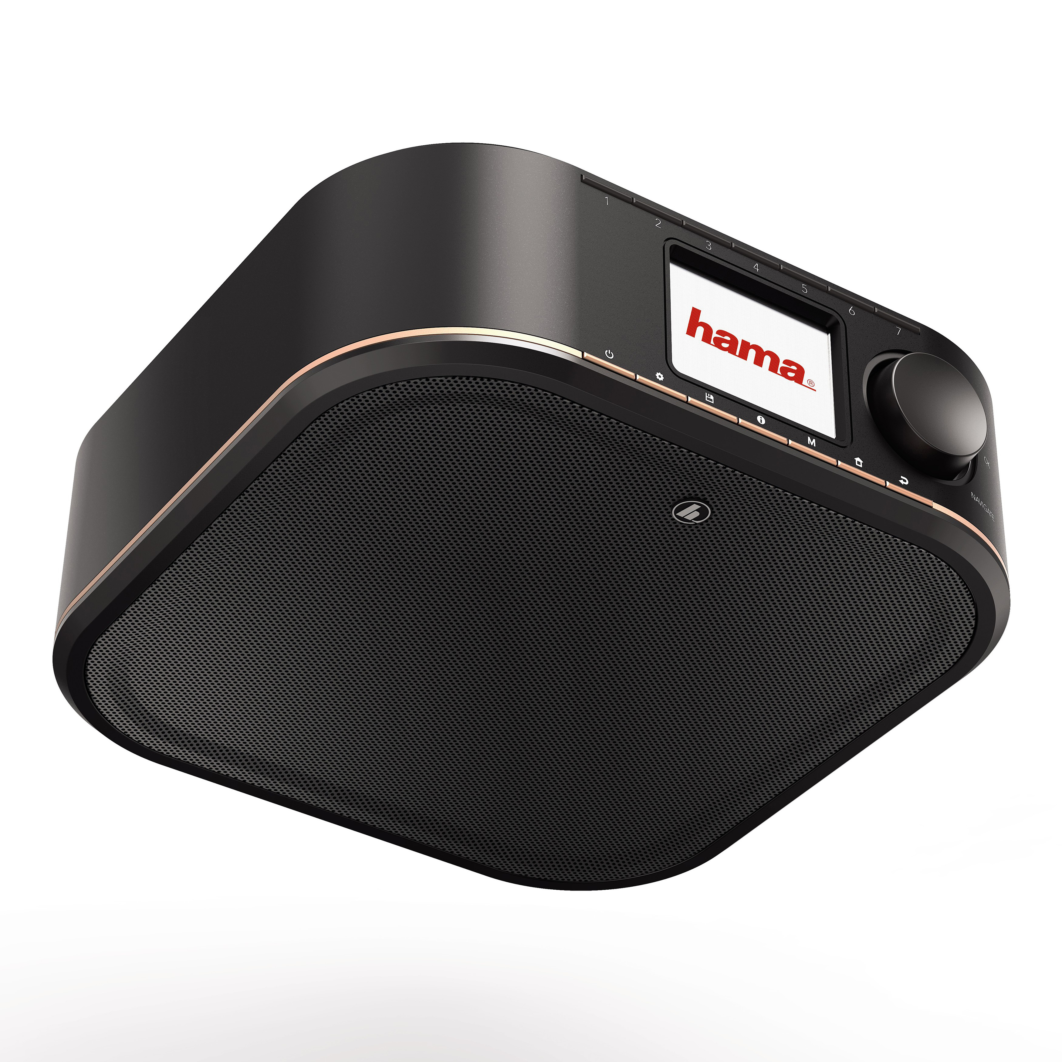 Schwarzer Hama-Lautsprecher mit Lautsprechergitter vorne, roségoldfarbenem Zierrat und Drehregler. Hama-Logo.