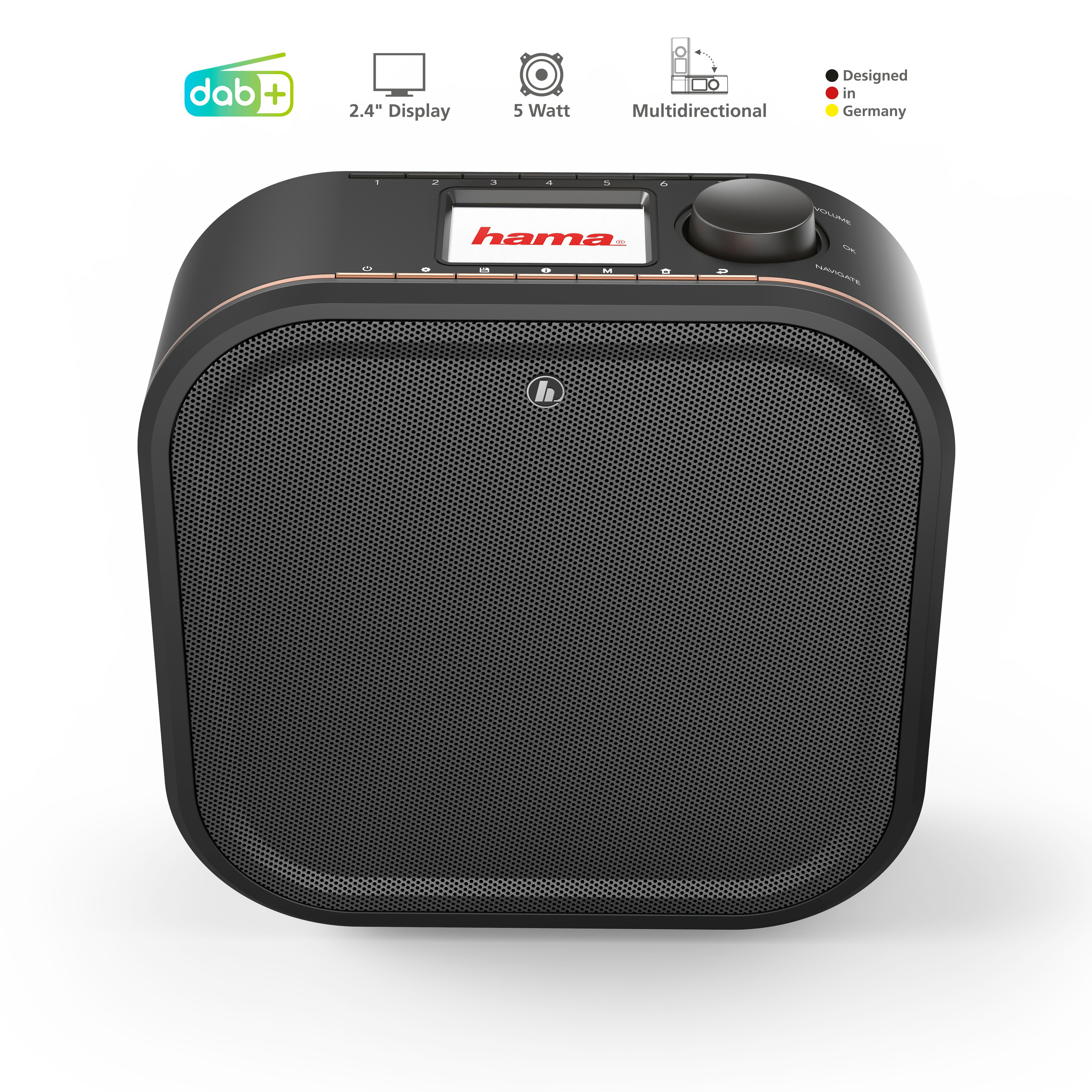 Schwarzes und goldenes Hama-Radio. Quadratische Form mit Bildschirm und Bedienknopf. Kleine Lautsprecherlöcher.