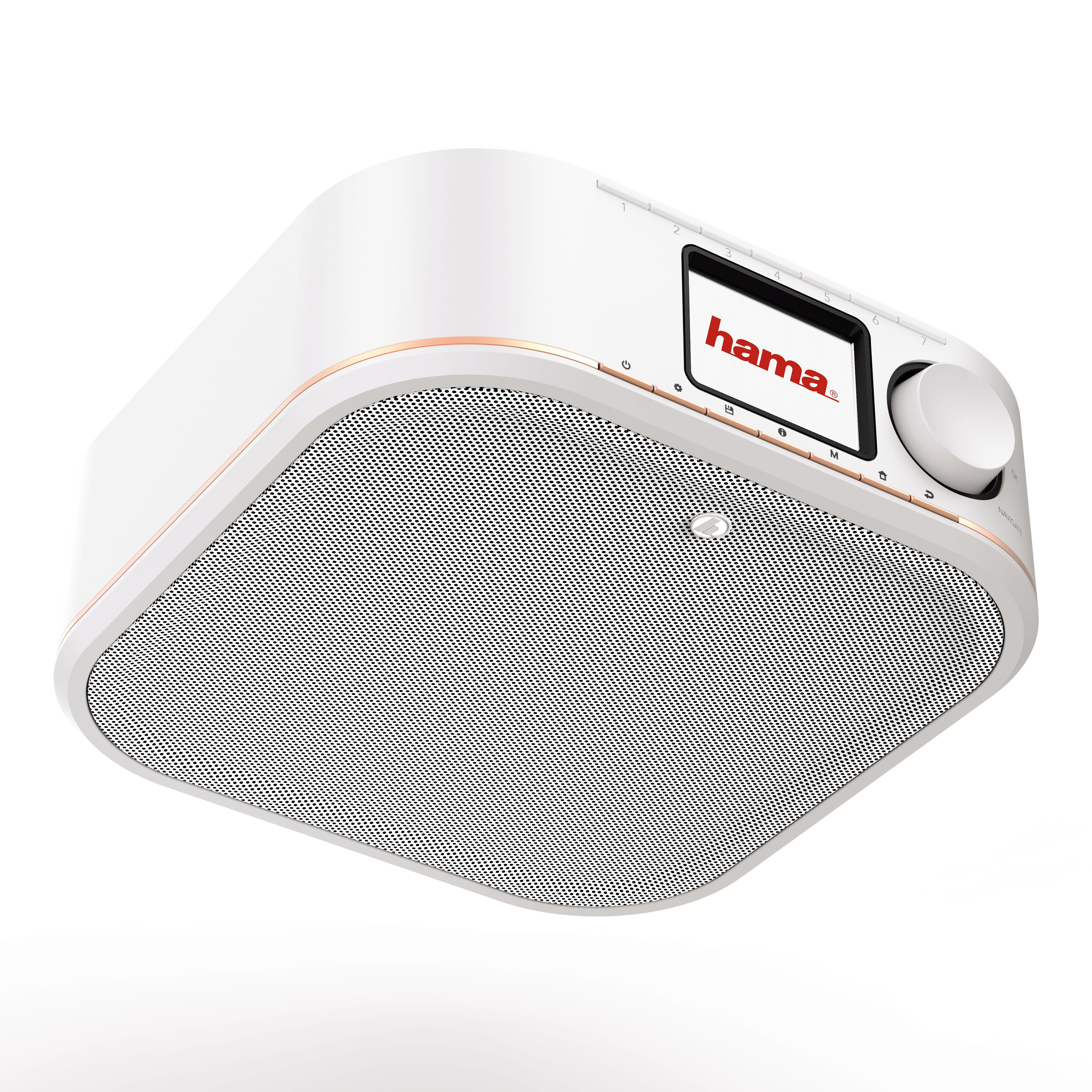Weißes Radio mit Bildschirm und Lautsprecher. Hama-Logo. Hellbraune Akzente. Weißer Hintergrund.