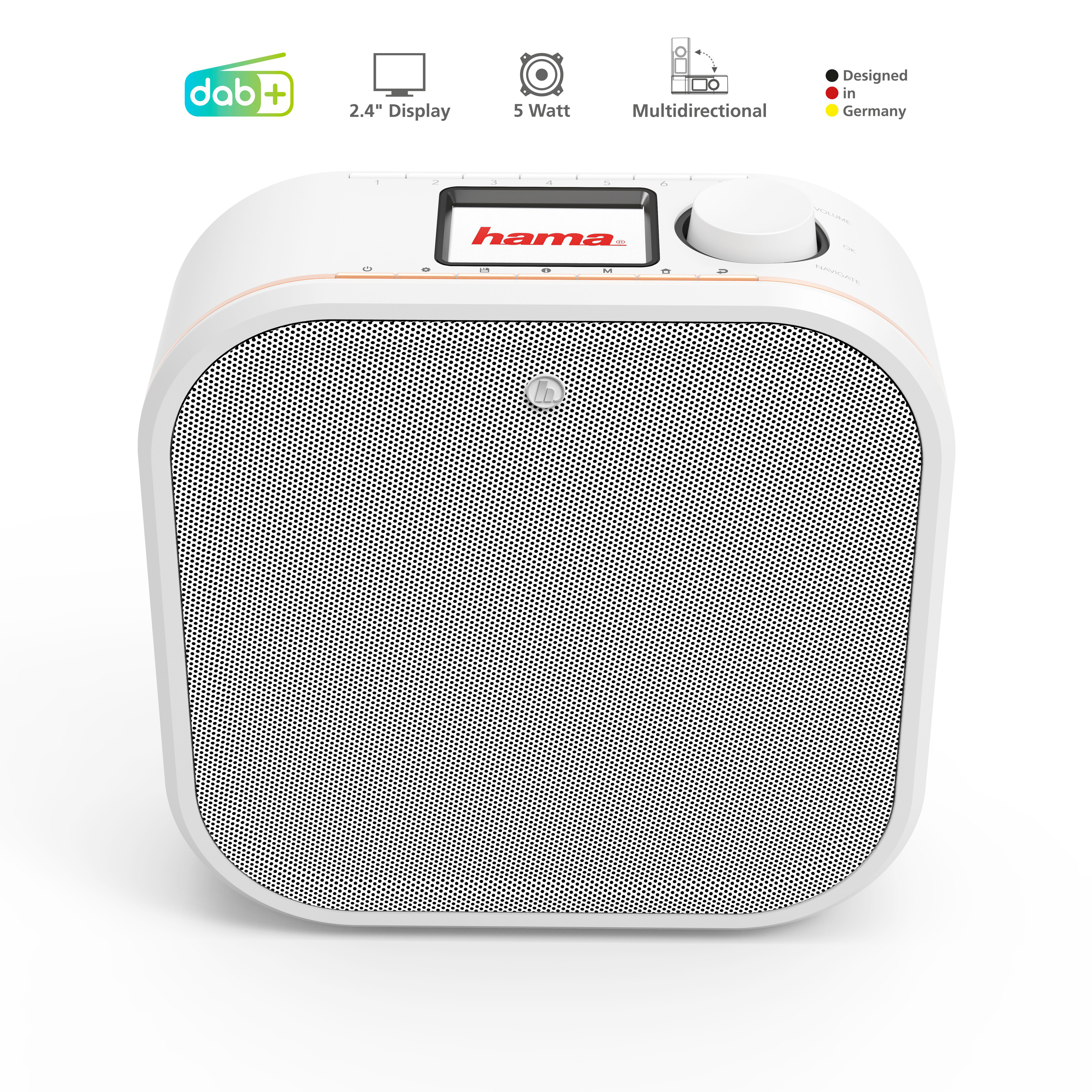 Weiß-oranges Hama DAB+-Radio mit Display, Knöpfen und Lautsprechergitter.