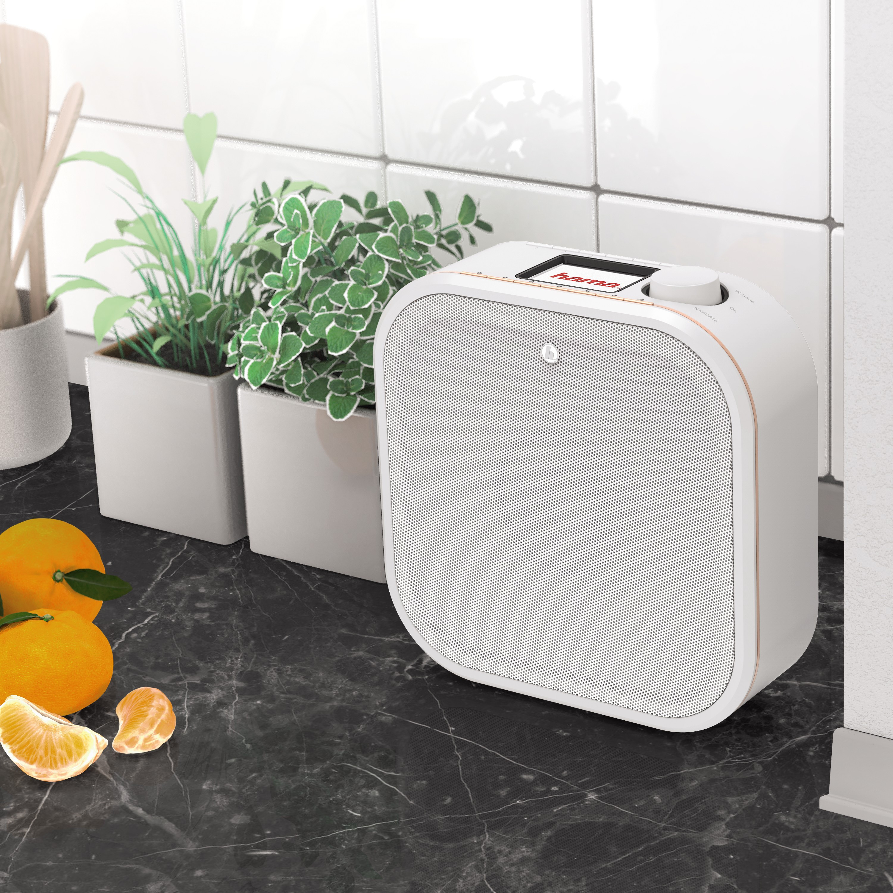 Ein weißer Lautsprecher mit schwarzer Oberfläche. Orangen und eine Pflanze sind in der Nähe.