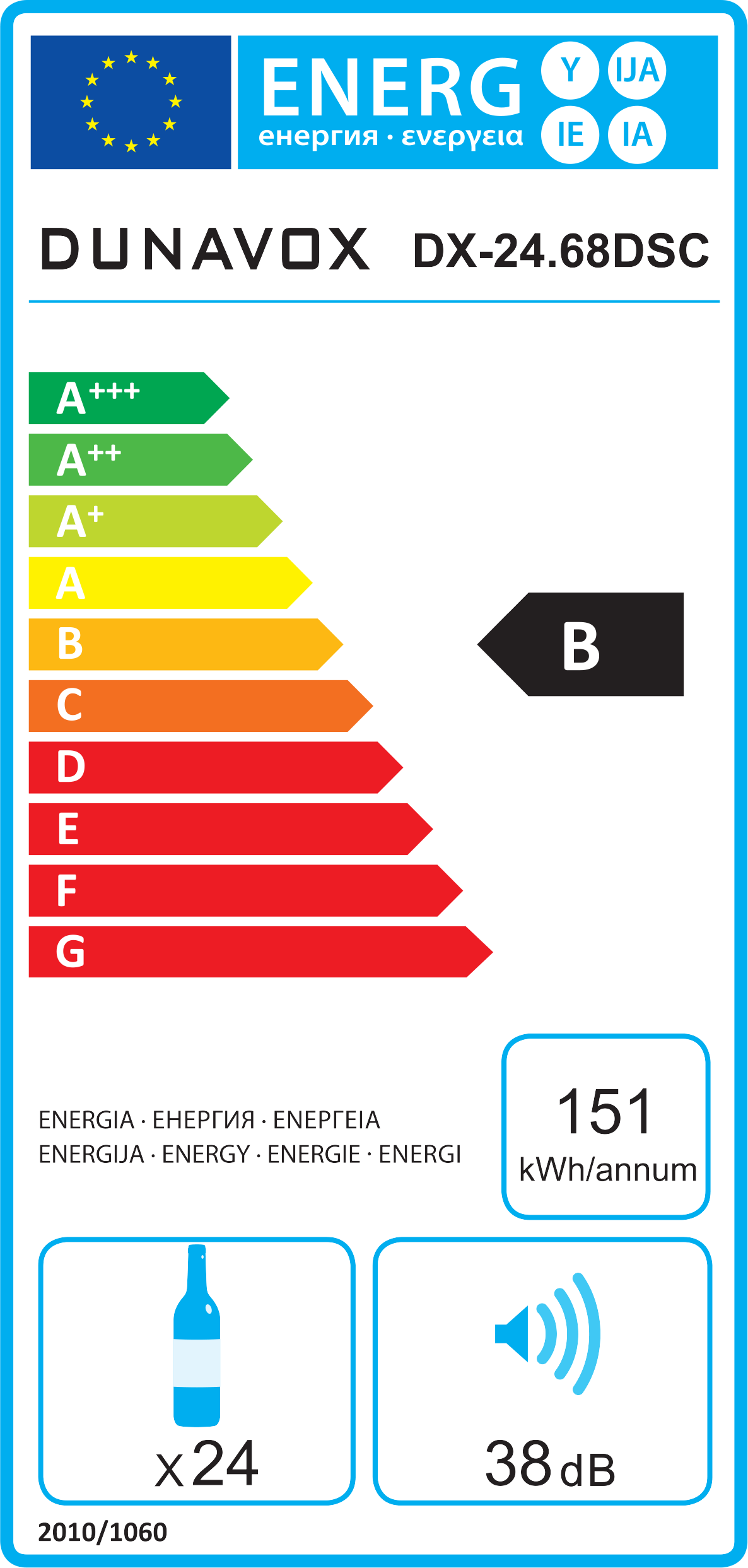 Energia címke Dunavox DX-24.68DSC-hez. Az energiaosztály B. Van rajta egy borosüveg és egy hang ikon.