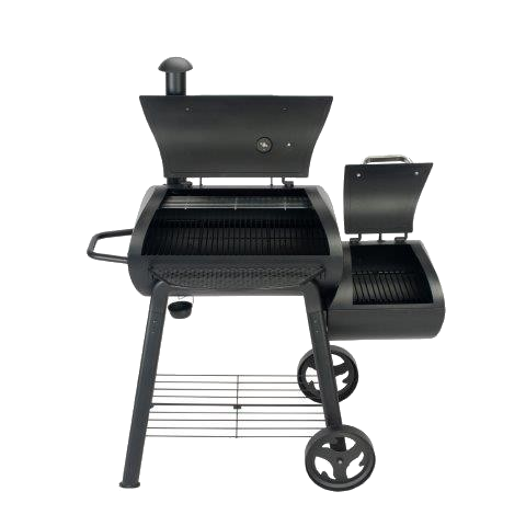Fekete barbecue grill nyitott fedéllel. A grill kerekekkel és ráccsal rendelkezik.